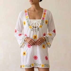 Letarte Handmade Embroidered  Sand Surf Sun Coverup Cotton Tunic Size Medium